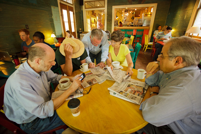 From left to right, John Desplas, Nick Crowell, Mark Herman, Sharon Morrow and Joe Mole have been meeting for 20 years at the Fair Grinds coffee shop to read their daily copy of The Times-Picayune, work the crossword puzzle and talk about New Orleans.