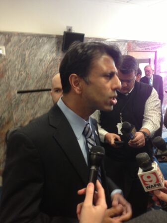 Gov. Bobby Jindal talked with reporters for about five minutes after his committee appearance. 