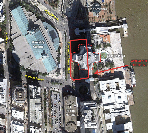 A bill to expand the convention center includes authorization to demolish the New Orleans World Trade Center and prepare the site for a "riverfront festival park." The city has already sought proposals for redevelopment of the site, outlined in red here.