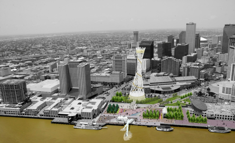 A presentation by the Convention Center depicts a giant sculpture on the site of the World Trade Center. It appears to be what Mayor Mitch Landrieu referred to when he told The Lens that one possibility for the site would be to create a monumental attraction, on par with the Gateway Arch in St. Louis.