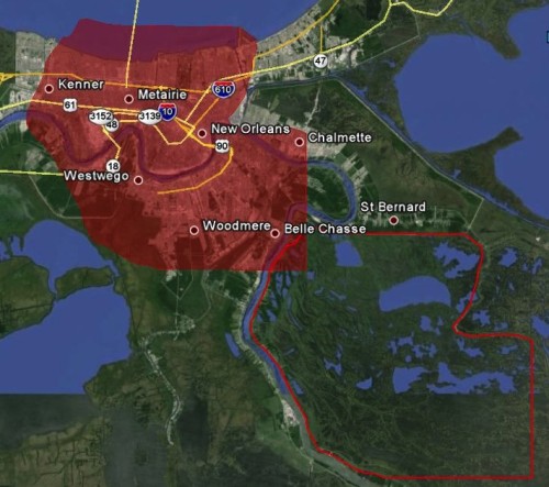 The area outlined in red experienced the most serious erosion in hurricanes Katrina and Gustav, in red outline. The red shaded area shows how that area compares to the New Orleans metro area.