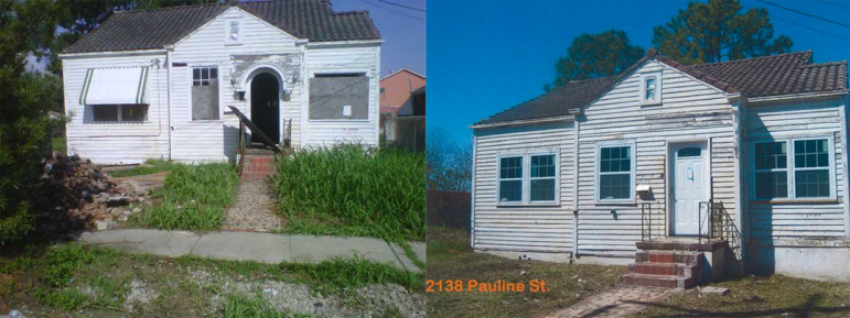 Left: City files show the Pauline Street house in 2011, when it was cited for code violations. Right: A city employee took this photo in March. Though the stickers are visible on the new windows, the city moved to demolish the house for "significant lack of progress," according to city spokesman Tyler Gamble.