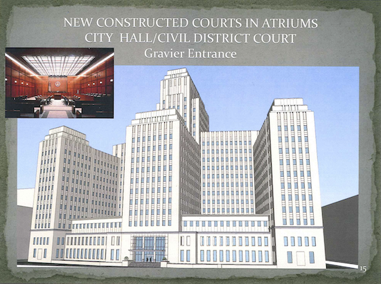 This image from Pres Kabacoff's PowerPoint presentation shows how courtrooms could be constructed between the three towers of the former Charity Hospital. That approach would sidestep the problem of columns that would obstruct the view in the courtrooms.