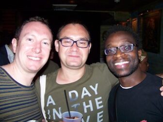 Cliff, left, and Rugero, right, enjoy a French Quarter moment with fellow writer Dmitry Golynko, a Russian.