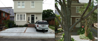 The photo on the left shows a paved front yard at 1421 Milan St. On the right is a Google Maps image showing the yard as it looked in 2011.