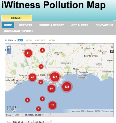 The Louisiana Bucket Brigade's website allows people to zoom in on reported oil spills.