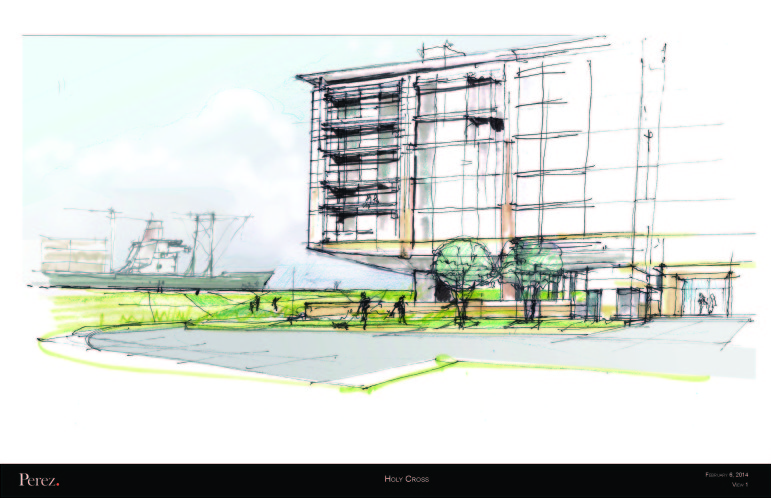 This rendering shows part of the Holy Cross proposal. The company originally proposed a 13-story tower, but reduced that to 7 stories, as shown here. That's still well above what's allowed by the city's Master Plan.
