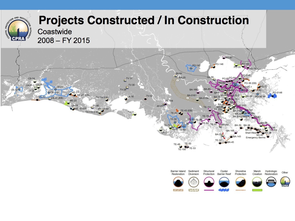 This graphic shows where the state has spent or plans to spend $13 billion on coastal restoration and flood protection from 2008 to 2015. That includes $2 billion for 76 coastal restoration projects and $8 billion for the state's share of the hurricane protection system surrounding the New Orleans area. (Click the image for a larger version.)