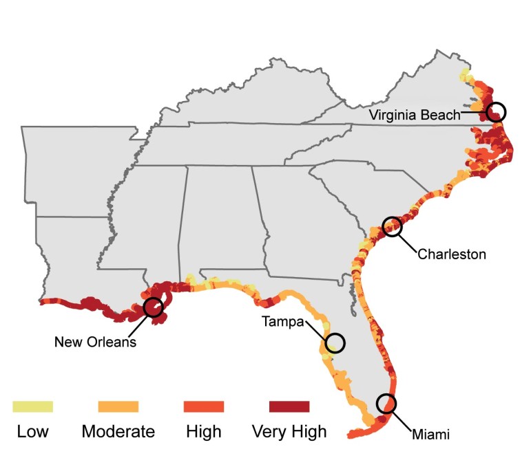 The red areas have the greatest vulnerability to sea level rise, according to the National Climate Assessment.