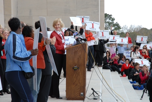 With the author at the podium, over 1200 citizens rallied successfully for levee board reform on the steps of the Capitol, in February 2006