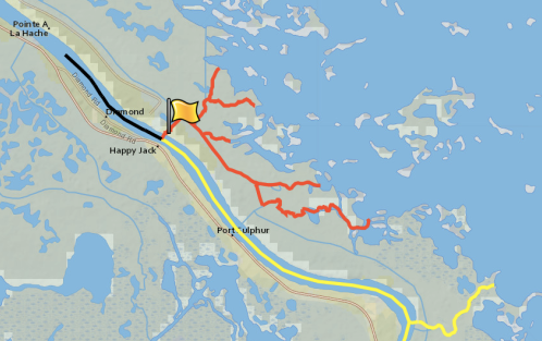 This image shows how Mardi Gras Pass, marked with the flag, has altered water flow in the delta. The red lines show areas that receive a continuous flow of water since the breach formed. The yellow lines show the flow of water before. For more, see the state's interactive map.