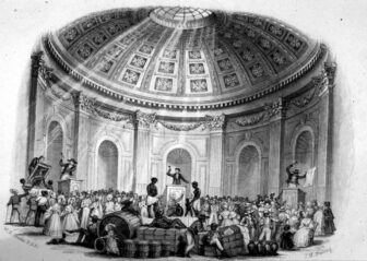 The print shows an ante-bellum slave auction at full cry in New Orleans, then the nation's largest slave market.