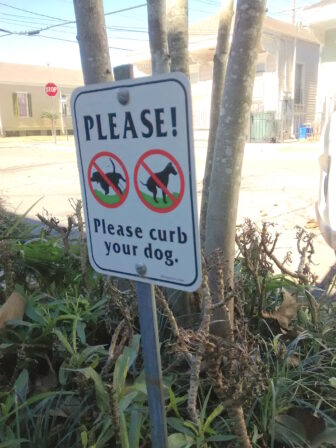 If the curbside plantings had any say in the matter, they might ask Bowser and her master to ignore the warning and fertilize freely.