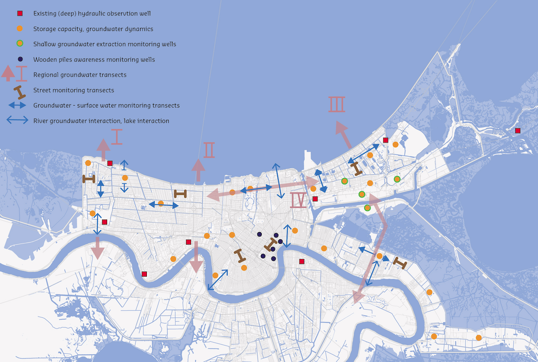 This map from the Urban Water Plan for New Orleans  shows how water moves underground and where experts think we should place monitoring wells.