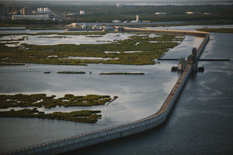Part of the region's new levee system features this  barrier, which is designed to block incoming surge from the Mississippi River — Gulf Outlet canal and the Gulf Intracoastal waterway.