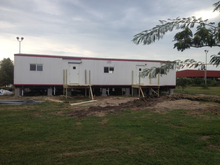 One of Foundation Prep's modular buildings awaits the final construction of an entry for its kindergartners and first-graders