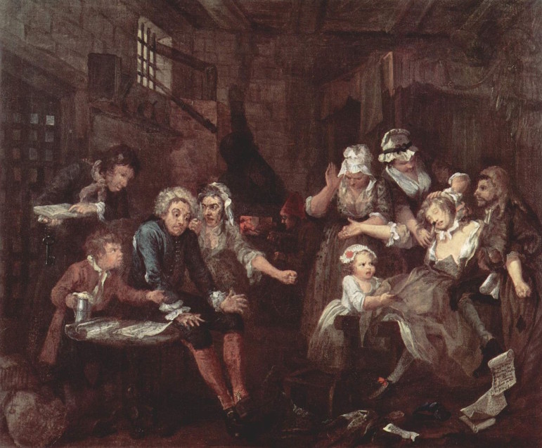 Debtors prisons, as depicted in this 18th century work by the British painter William Hogarth, continue to function in the U.S. on a de facto basis, despite a Supreme Court ban.
