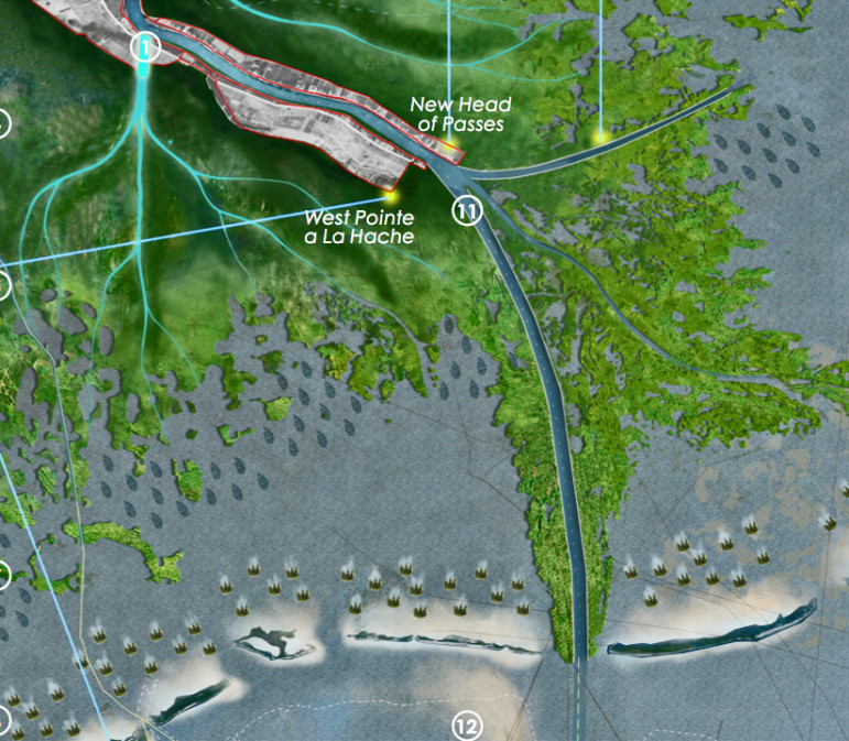 The Studio Misi-Ziibi Team would move the mouth of the river to West Pointe a la Hache, dredge a new, deeper shipping channel west into Barataria Bay and eventually abandon the communities to the south.