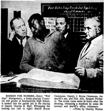 This photo in the Nov. 15, 1963, edition of The Advocate State-Times shows Henry Montgomery being booked for the murder of Deputy Charles Hurt.