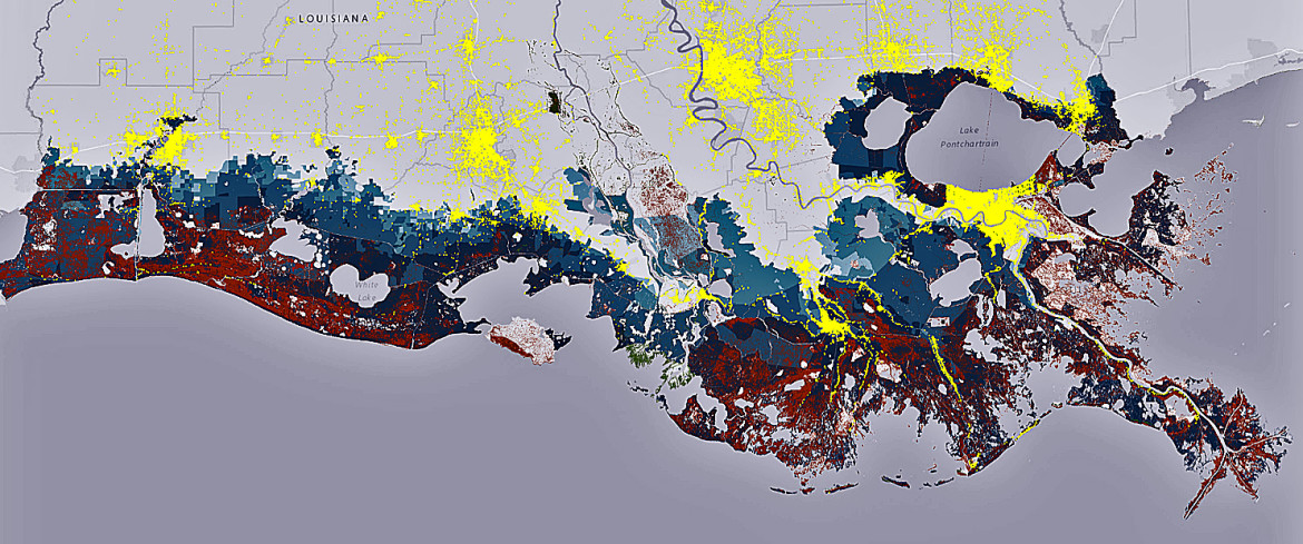 How the coast will look in 50 years without any action: The blue areas on the map show coastal inundation during a storm, the red areas show land loss - and the small spots of green show land gain. The yellow areas are population centers.