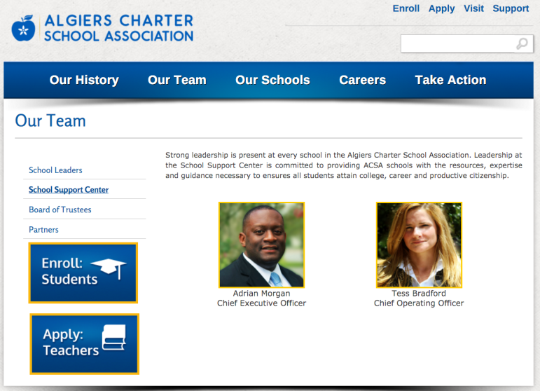 The Algiers Charter School Association's web page still listed Morgan as the CEO Monday evening. 