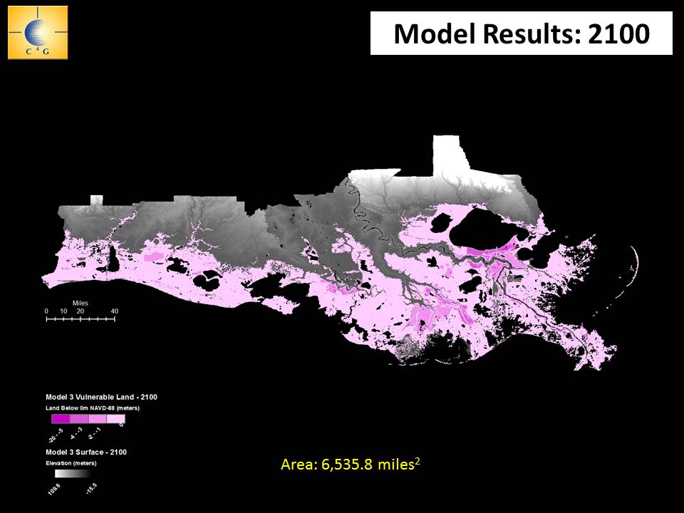 In 2014 the LSU Center for Geoinformatics projected this much of south Louisiana would be at or below sea level by 2100, greatly increasing the region's vulnerability to flooding from higher tides and storm surges. However, those projections were based on data compiled in 2004. More recent studies of subsidence could place some areas in greater danger. 