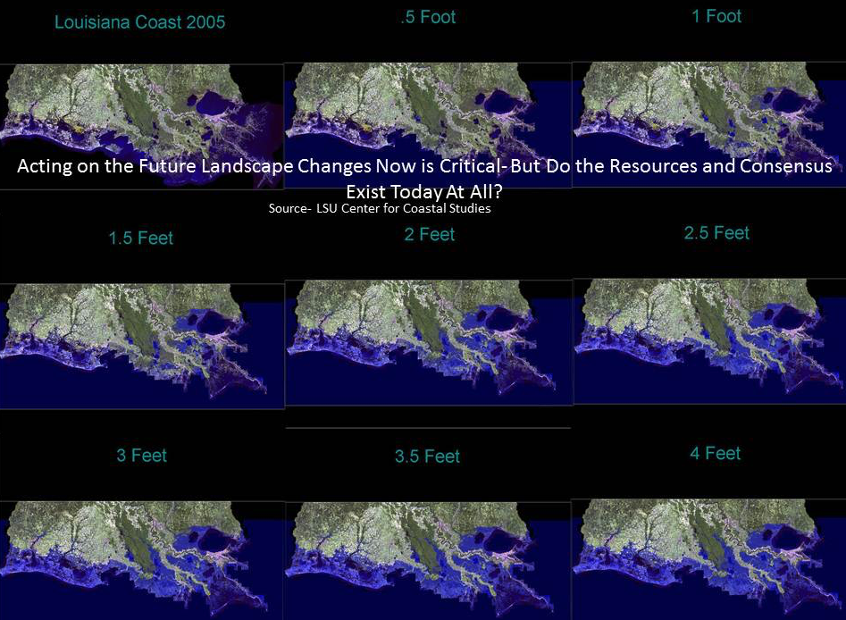 The LSU Center for Coastal Studies produced this series of maps showing the gradual inundation of most of southeast Louisiana by 2100 based on current and projected rates of sea level rise and subsidence. 