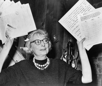 Jane Jacobs, shown here in 1961 during her fight to save New York City's West Village from the wrecking ball, encuraged a grassroots approach to city planning that revolutionized the field. This year is the centennial of her birth.