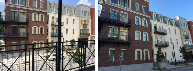 The photo on the left shows the view from the balcony of an apartment offered for rent on Airbnb. The photo on the right shows the view from the sidewalk, inside the Bienville Basin development.