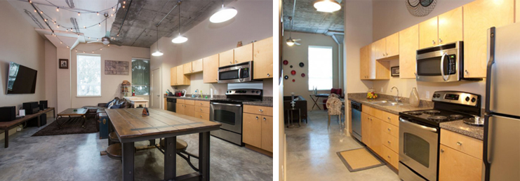The photo on the left was included in an Airbnb listing in Gert Town. The photo on the right is from the Blue Plate Artist Lofts website.
