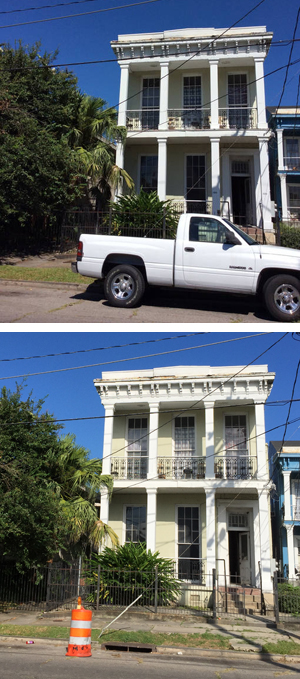 An Airbnb host posted the top photo in offering his apartment for $127 a night. The bottom shows the house, located at 1839 Carondelet St. It received city funding for affordable housing.