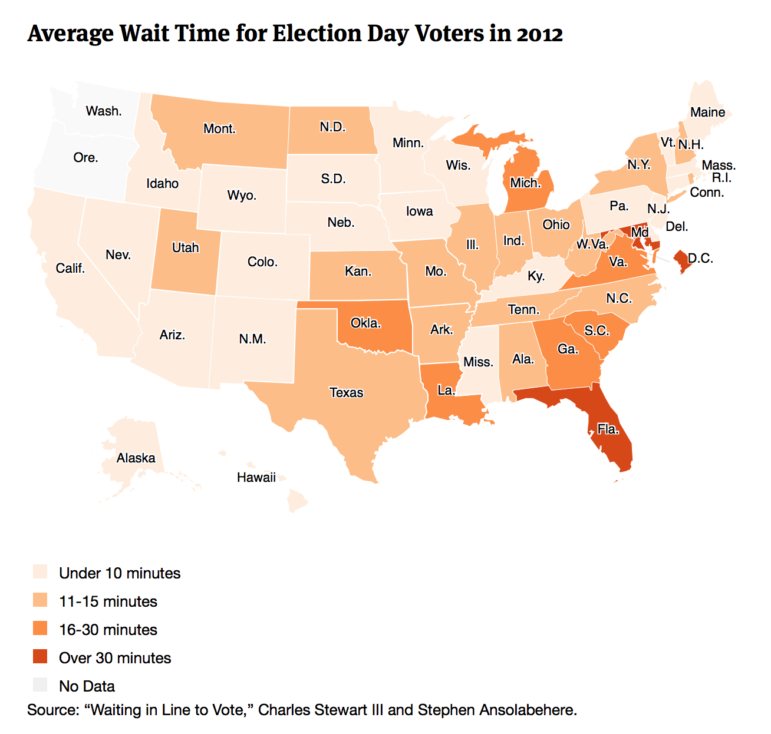 Average Wait Time for Election Day Voters in 2012-U.S. map