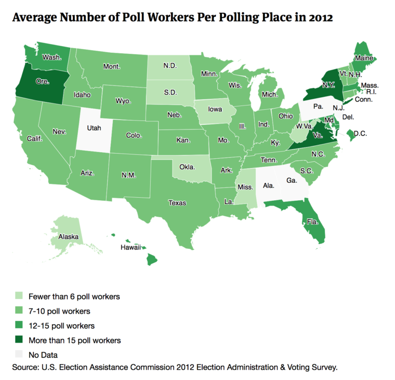 Average Number of Poll Workers Per Polling Place in 2012-U.S. map