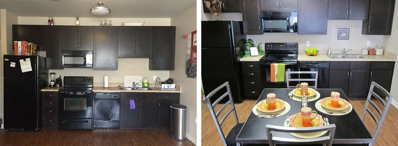 Left: An Airbnb photo shows the kitchen of an apartment listed for $300 a night. Right: A kitchen in The Muses Apartments, located in Central City.