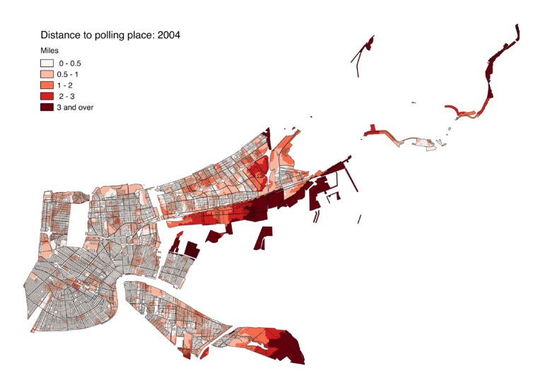 This image shows average distances to polling locations throughout the city in 2004. Unpopulated areas, such as the wetlands in eastern New Orleans, City Park and Audubon Park, have been removed so they don't distort the analysis.