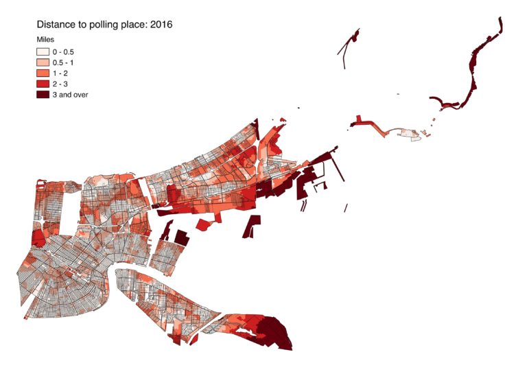 This image shows average distances to polling locations throughout the city in 2016. Unpopulated areas, such as the wetlands in eastern New Orleans, City Park and Audubon Park, have been removed so they don't distort the analysis.