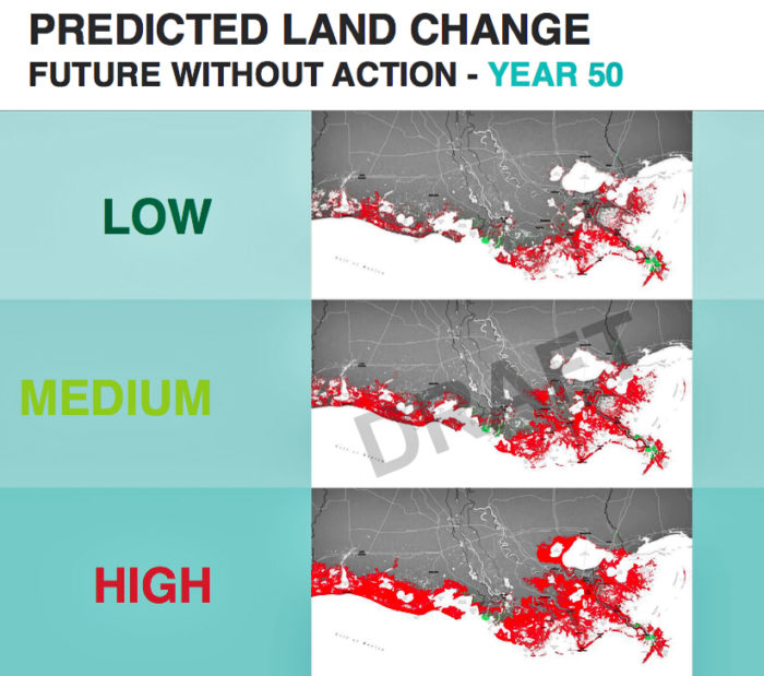 This image, from a draft of Louisiana's 2017 Coastal Master Plan, estimates the total coastal land loss in three emissions scenarios if the state were to take no action to rebuild the coast. Higher emissions cause greater land loss because the atmosphere would warm more quickly, glaciers and ice fields would melt, and the Gulf would rise more rapidly.