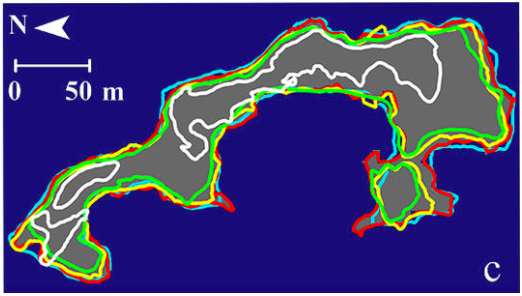 A new study by the U.S. Geological Survey shows that the 2010 Deepwater Horizon oil spill led to long-term as well as immediate shorelines losses along Louisiana's already crumbling coast in Barataria Bay. The light blue line shows the shoreline of a marsh island in 2009 before the spill. Red is 2010 during the spill; yellow is 2011; green is 2012, and white is 2012. Each measurement was taken in June of that year, except the white line, which was taken in October to measure the damage from Hurricane Isaac.