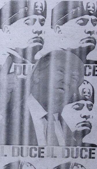 A anti-Trump poster seen in the Ninth Ward likens the president-elect to Mussolini, Hitler's Italian counterpart. 