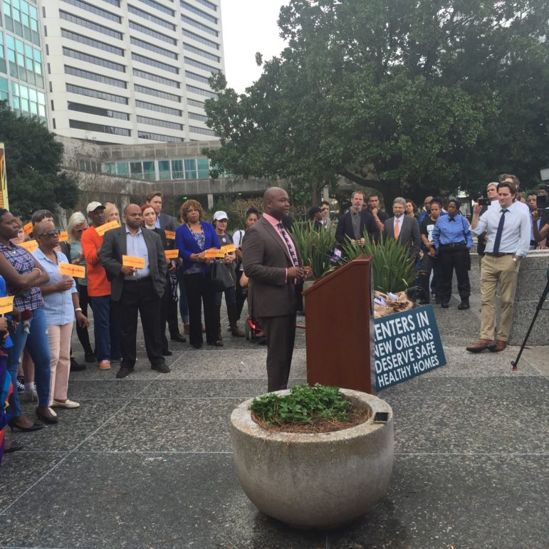 Councilman Jason Williams address a rally in front of City Hall before he and others on a City Council committee heard more than three hours of discussion on a proposed rental registry