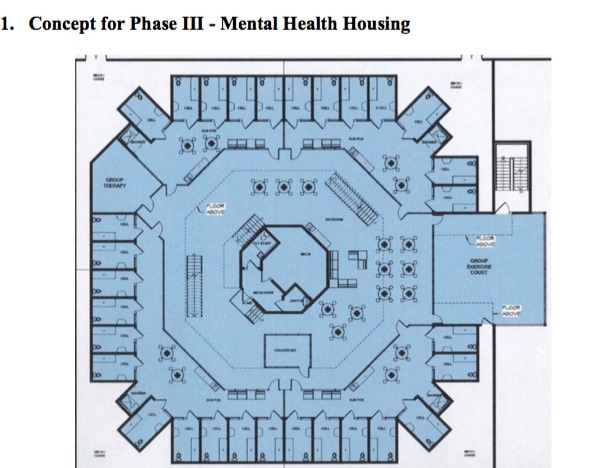 This drawing shows the layout of the proposed new building at the jail, which would have 89 beds for inmates who require intensive mental-health and medical care.