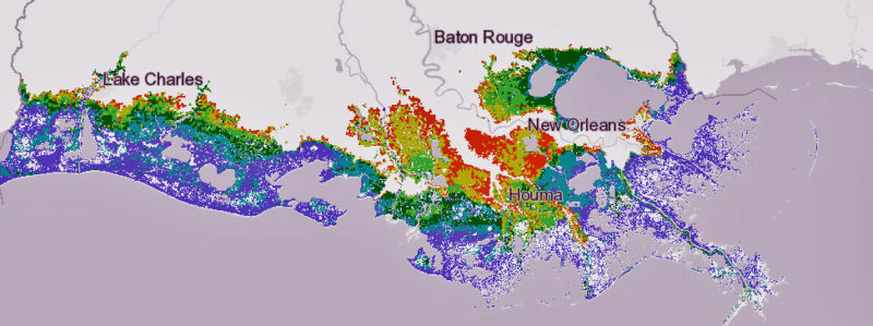 This map shows the flood risk under the state's scenario if greenhouse gas emissions continue to increase, causing sea levels to rise more. Purple areas would see at least 16 feet of flooding in a 100-year storm; teal would have 13 to 15 feet; dark green would have 10 to 12 feet; light green would have 7 to 9 feet; yellow would see 4 to 6 feet; orange would see 1 to 3 feet.