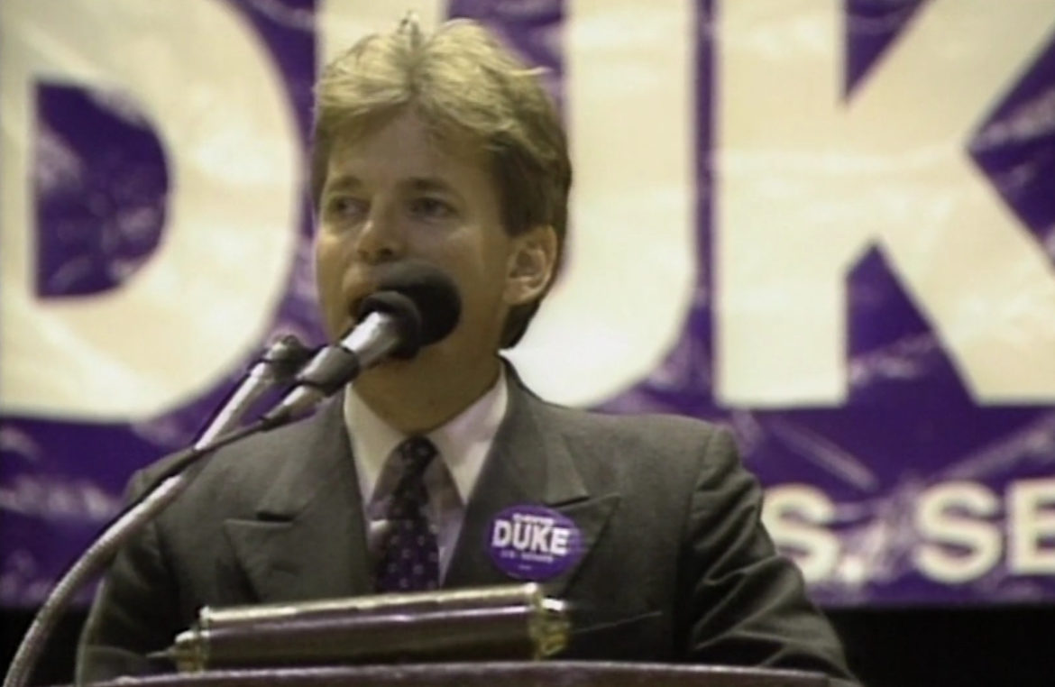 Ex-Klansman and Nazi David Duke rallies a crowd during his 1990 Senate run.