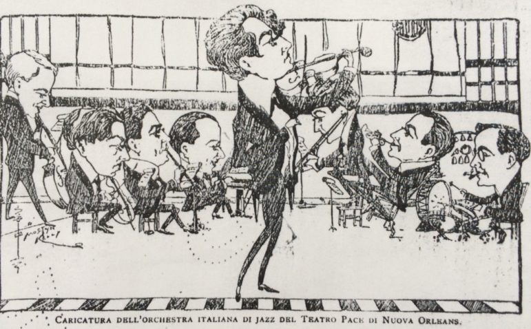 Bruno Zuculin, a diplomat and music buff, included this caricature of a local Italian jazz orchestra in a 1919 article about the New Orleans scene. 