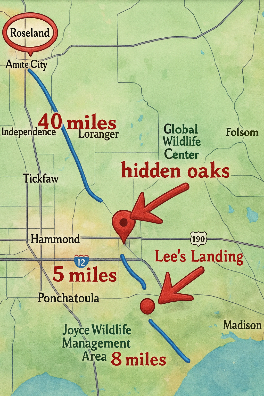 Illustrated map showing the Tangipahoa River from Roseland, Louisiana, through Hammond and Ponchatoula, with markers for Hidden Oaks, Lee’s Landing, and the Joyce Wildlife Management Area.
